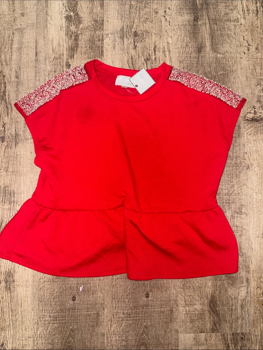 Girls' Red Peplum Tee with Beaded Shoulder Detail